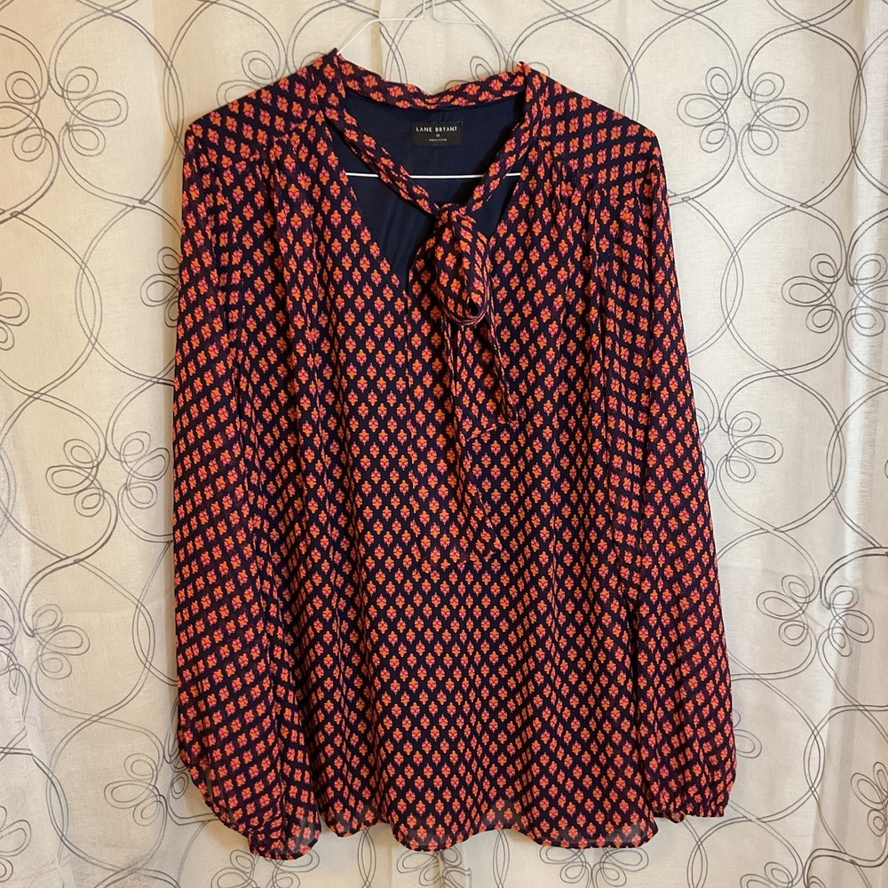 Lane Bryant Floral Print Long Sleeve Blouse Women Size 28 Navy/orange/ Pink - Picture 1 of 9